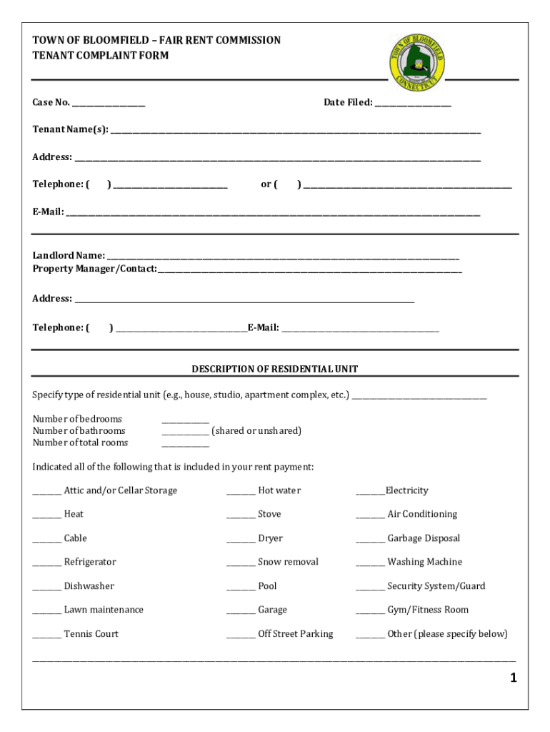 Fillable Online Bloomfield Fair Rent Commission Tenant Complaint Form