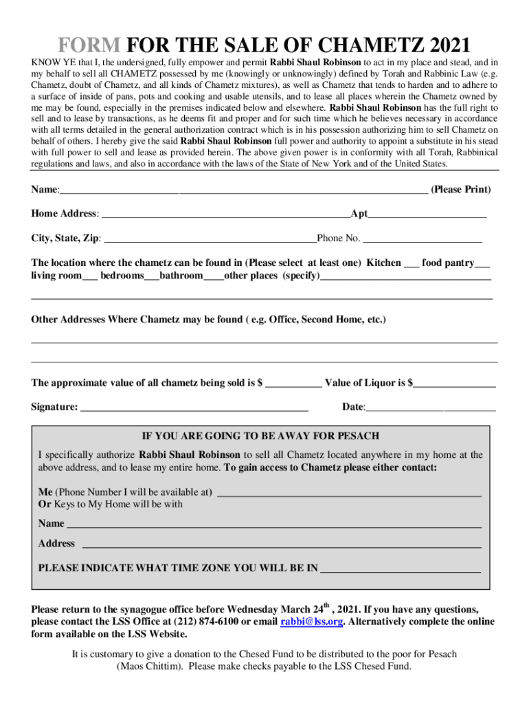 Fillable Online FORM FOR THE SALE OF CHAMETZ Fax Email Print - pdfFiller