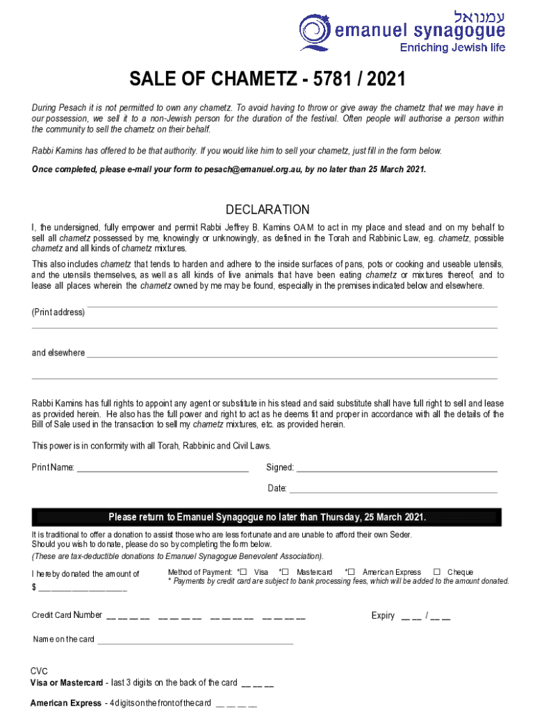 Fillable Online Frequently Asked Questions About the Sale of Chametz ...