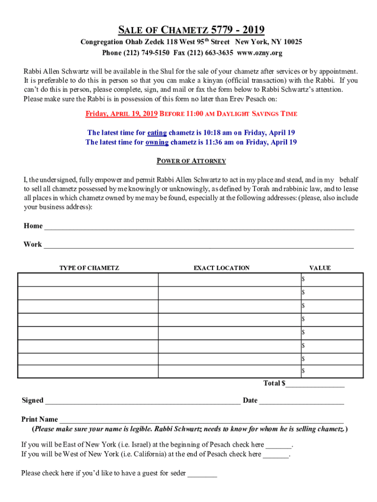 Fillable Online SALE OF CHAMETZ MAIN FORM Fax Email Print - pdfFiller