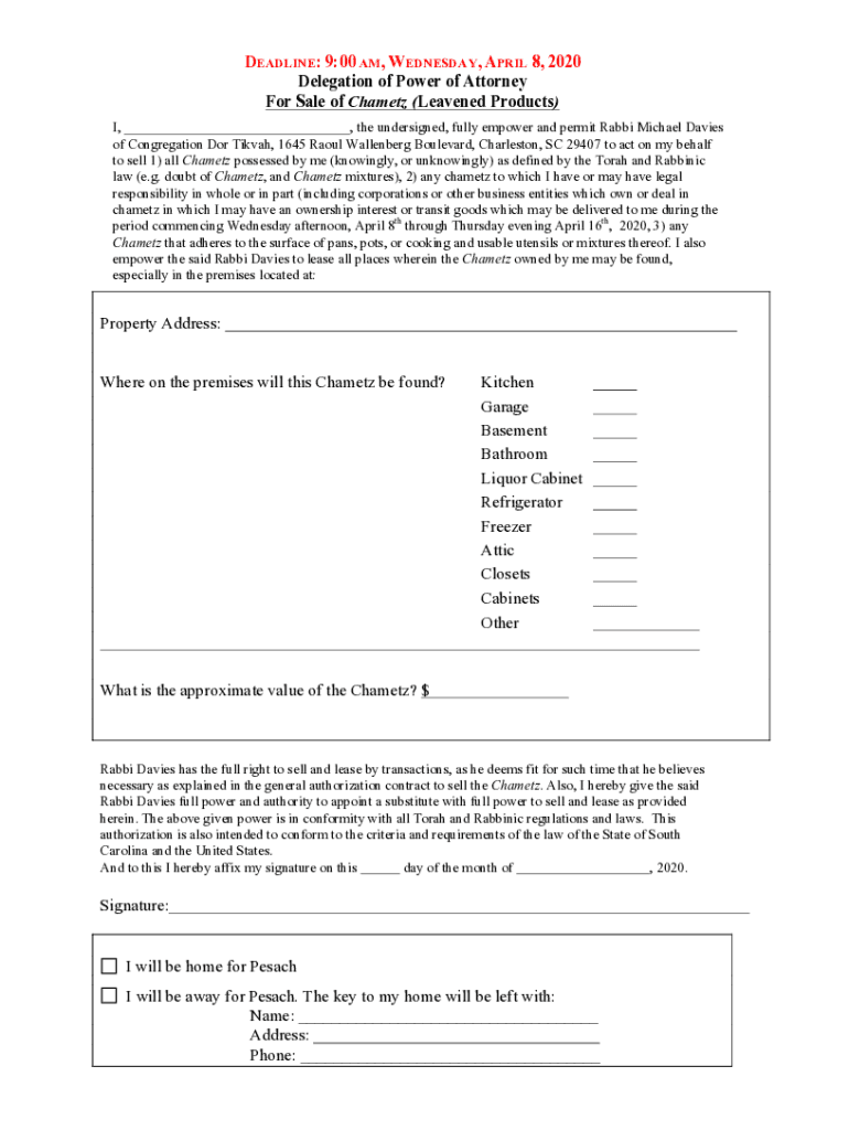 Fillable Online Delegation of Power of Attorney For Sale of Chametz ...