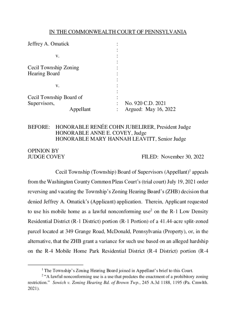 Fillable Online J.A. Omatick v. Cecil Twp. ZHB v. Cecil Twp. Bd. of
