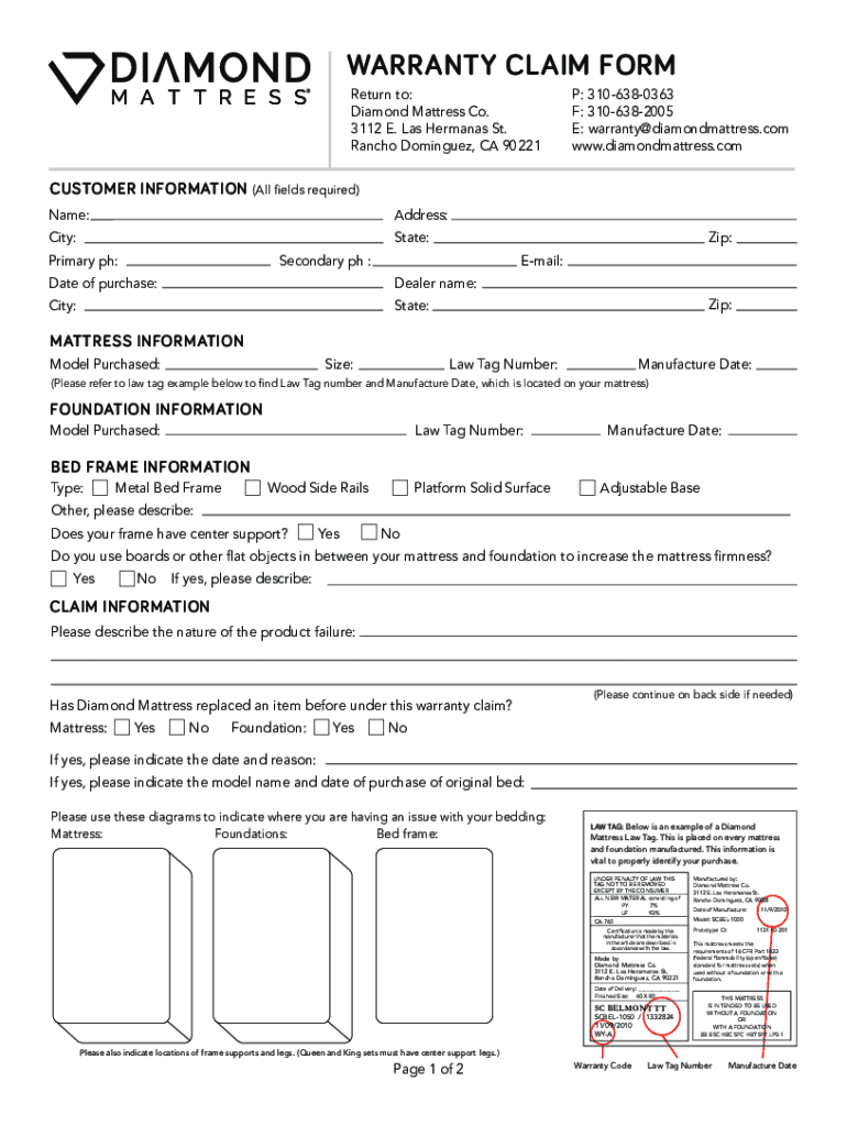 WARRANTY CLAIM FORM - Sleepm Global Inc Preview on Page 1