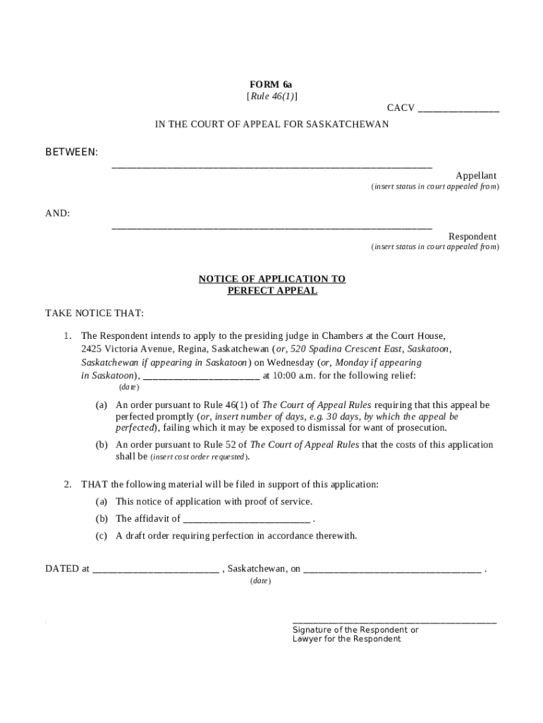 6a Rule 46(1) CACV Saskatchewan Courts Doc Template pdfFiller