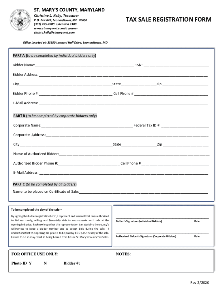 Fillable Online TAX SALE REGISTRATION FORM St. Mary's County
