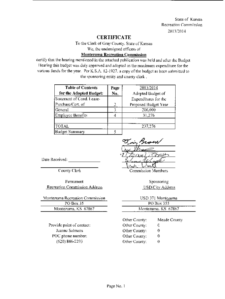Fillable Online CERTIFICATE To the Clerk of Gray County, State of