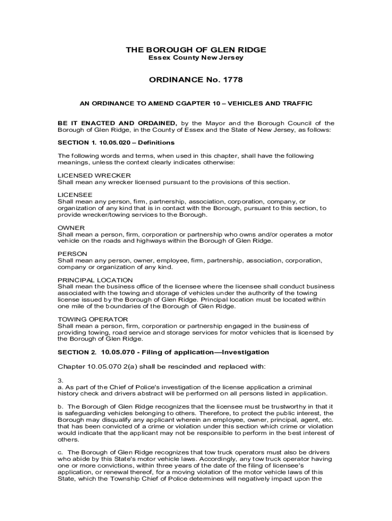 Fillable Online THE BOROUGH OF GLEN RIDGE ORDINANCE No. 1778 Fax Email