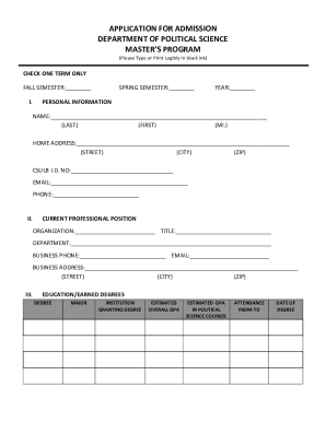 APPLICATION FOR ADMISSION DEPARTMENT OF POLITICAL ...