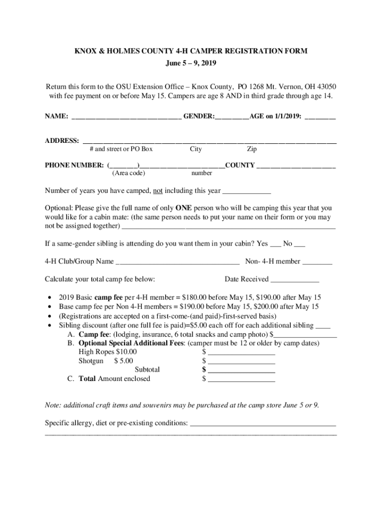 Fillable Online u osu knox & holmes county 4h camper registration form