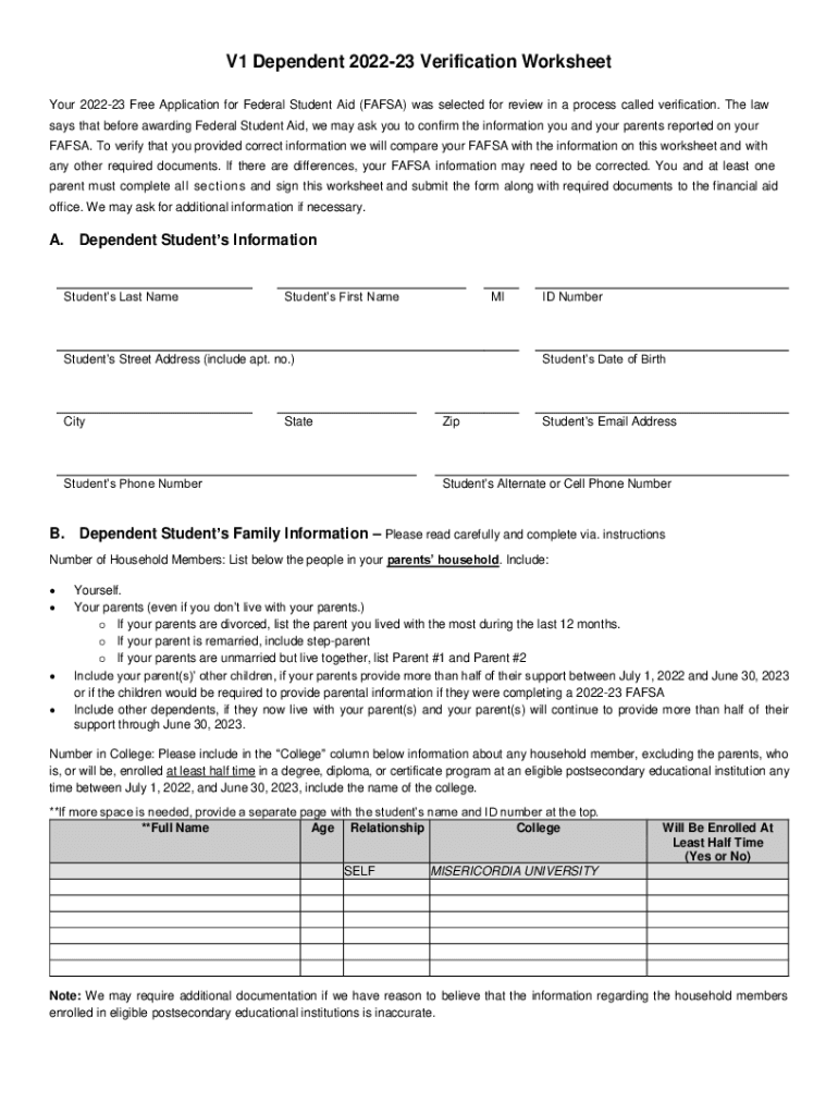 Fillable Online Standard Verification Worksheet, 2022-23 - Carlow ...