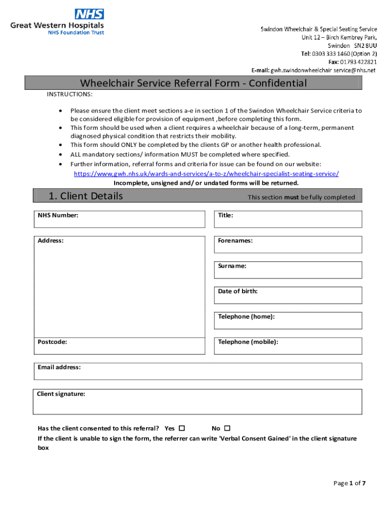 Fillable Online Swindon Wheelchair and Special Seating Service Referral