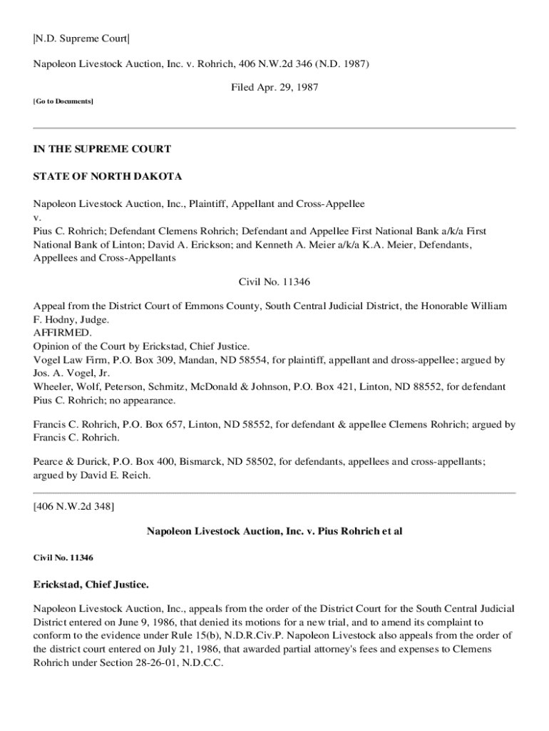 Fillable Online Napoleon Livestock Auction, Inc. v. Rohrich et al Fax