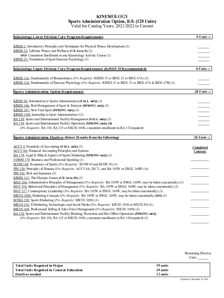 Fillable Online KINESIOLOGY Sports Administration Option, B.S. (120