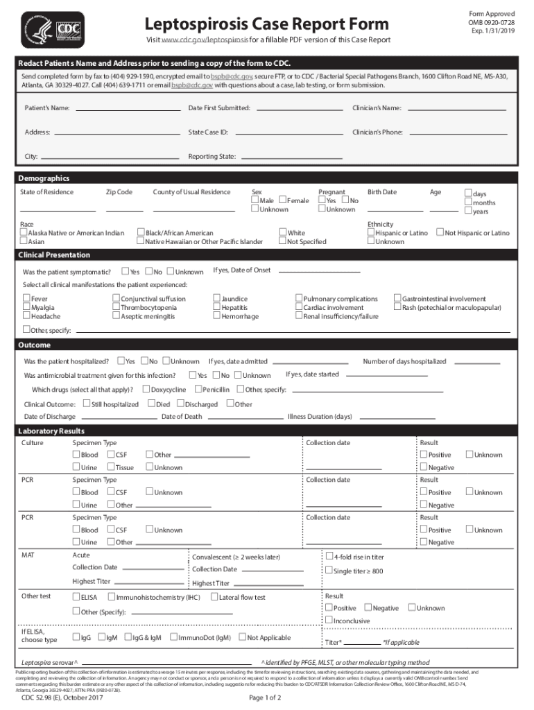 Fillable Online dphhs mt Get the free Leptospirosis Case Report Form PDF 1MB cdc Fax Email