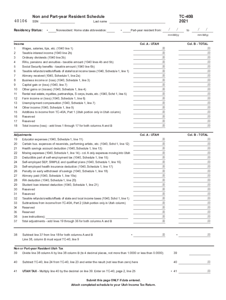 Fillable Online tax utah tax partyear resident forms (current