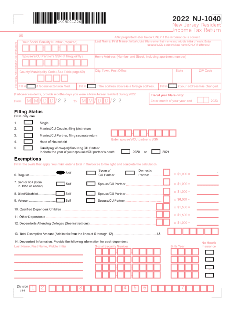 nj 1040 form 2022 Preview on Page 1