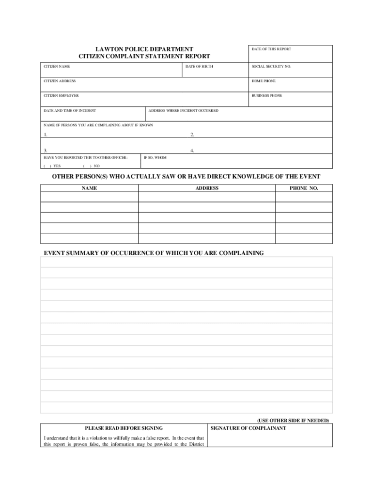 LAWTON POLICE DEPARTMENT CITIZEN COMPLAINT Preview on Page 1