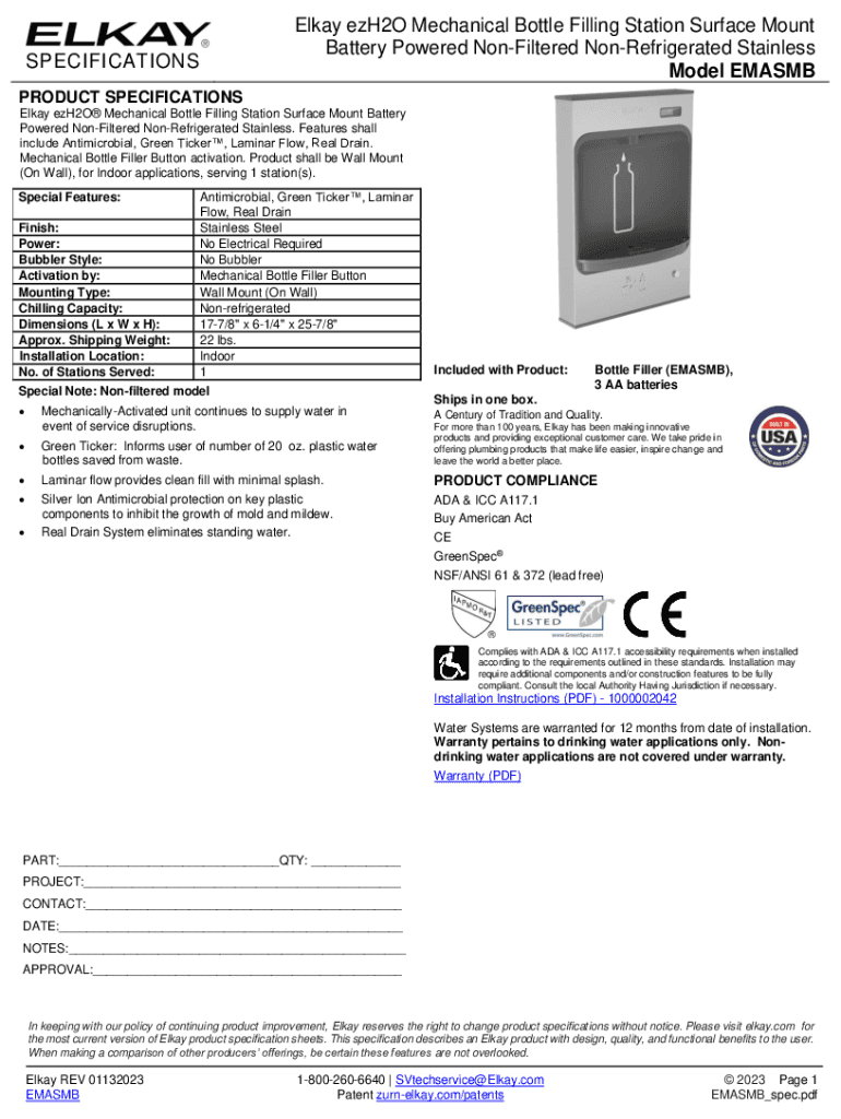 Fillable Online Elkay EMASM EZH2O Bottle Filling Station, NonElectric