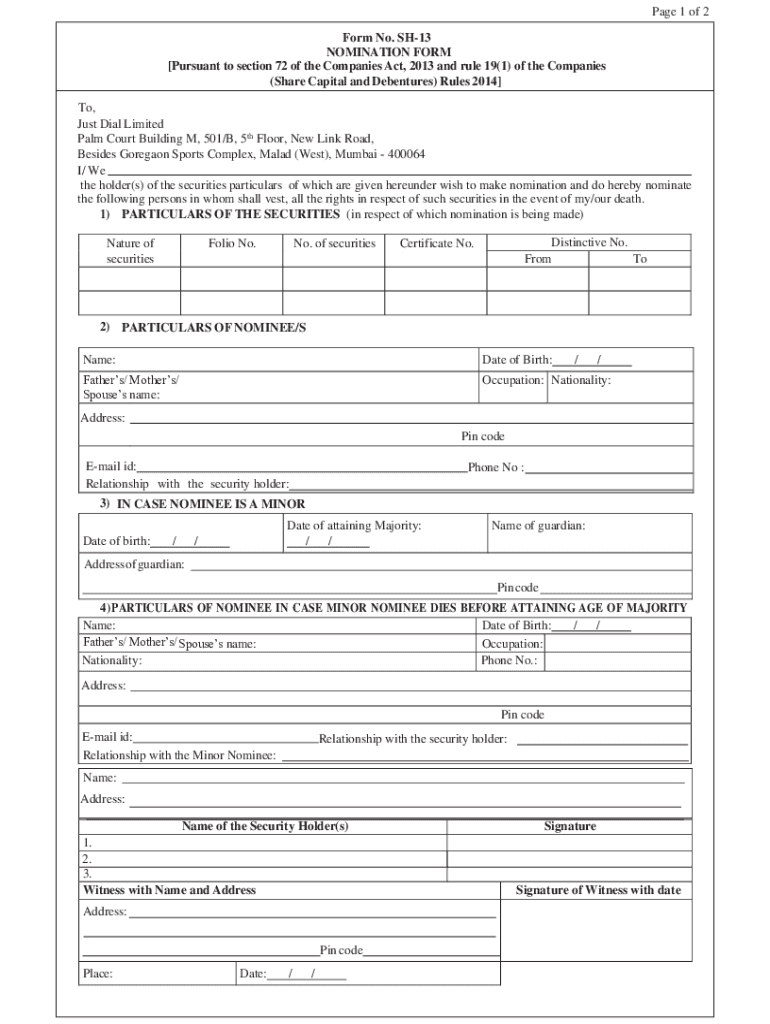 Fillable Online Form No. SH13Nomination Form Link Intime India Pvt