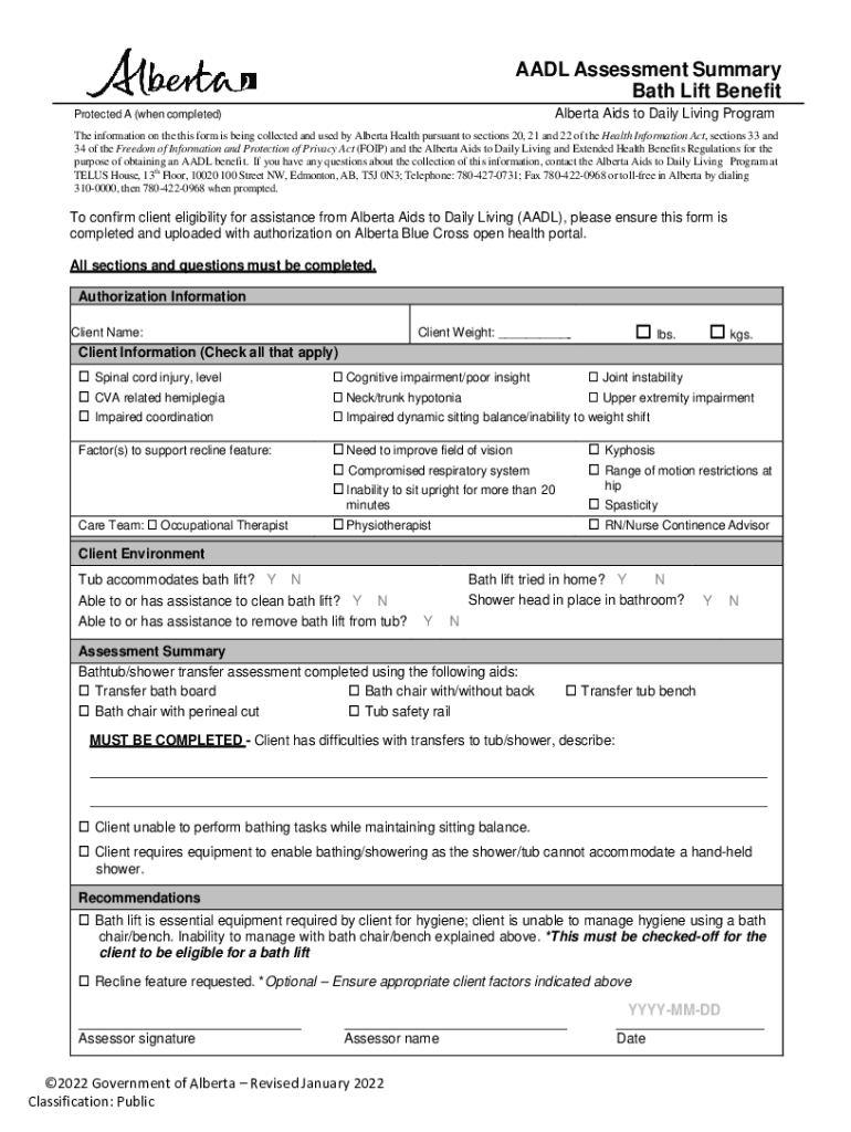 Fillable Online Alberta Aids to Daily Living Assessment Summary for