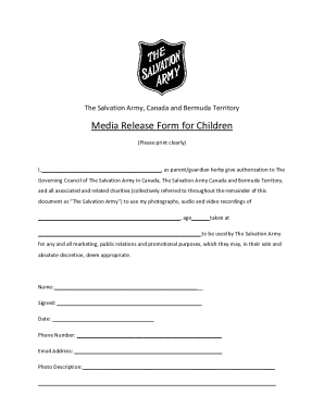 Fillable Online Media Release Form for Children - Salvation Army Fax ...