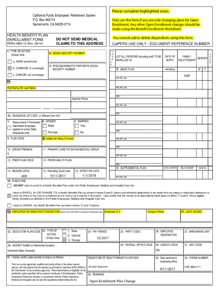 Fillable Online Health Benefit Plan Enrollment Form City of Barstow