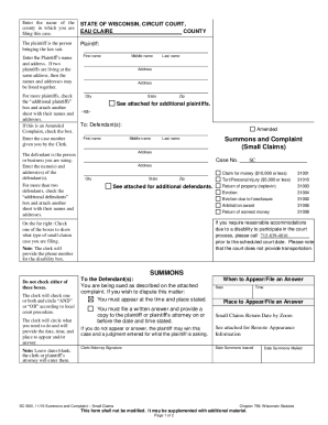 Fillable Online Small Claims Forms Wisconsin Court System Circuit Fillable Online Small Claims Forms Wisconsin Court System Circuit