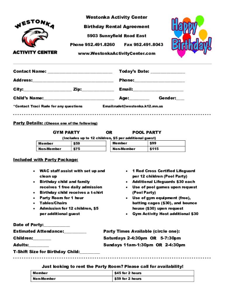 Fillable Online Westonka Activity Center / Birthday Parties Fax Email