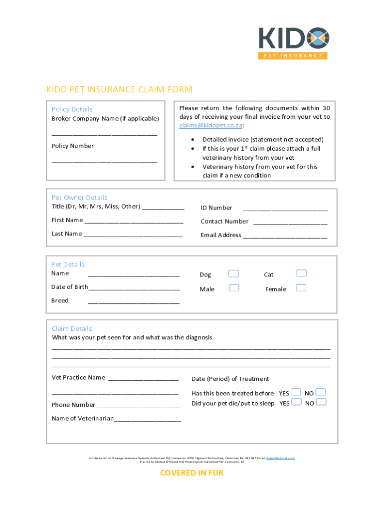 Fillable Online Kido Pet Insurance Claim Form Fax Email Print pdfFiller