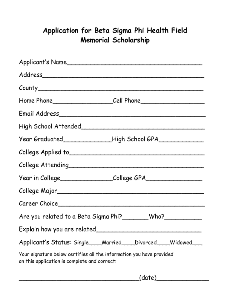 Fillable Online Application for Beta Sigma Phi Health Field Memorial ...