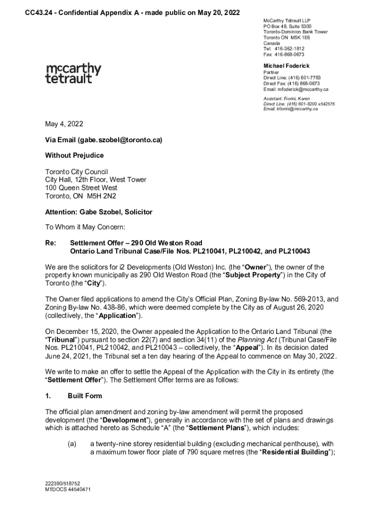 Fillable Online 290 Old Weston Road Official Plan and Zoning Bylaw