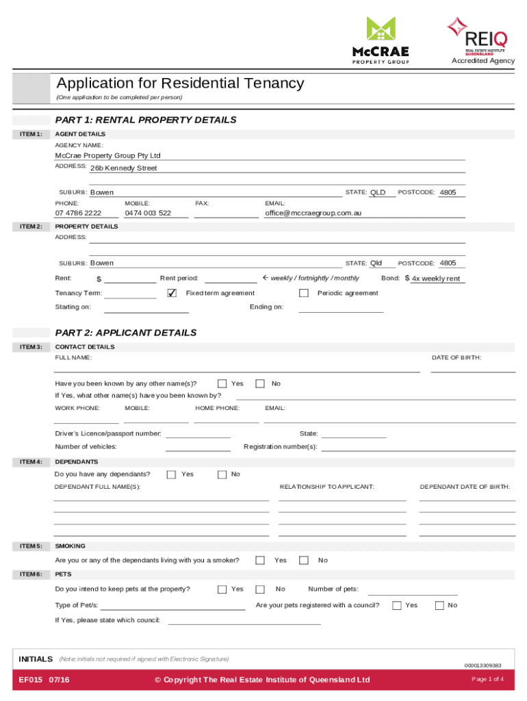 Fillable Online Application for Residential Tenancy McCrae Property