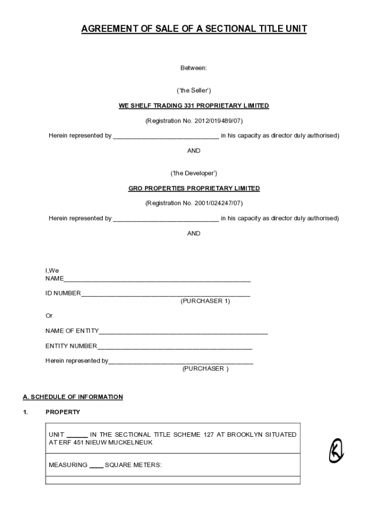 Fillable Online AGREEMENT OF SALE OF A SECTIONAL TITLE UNIT Fax Email