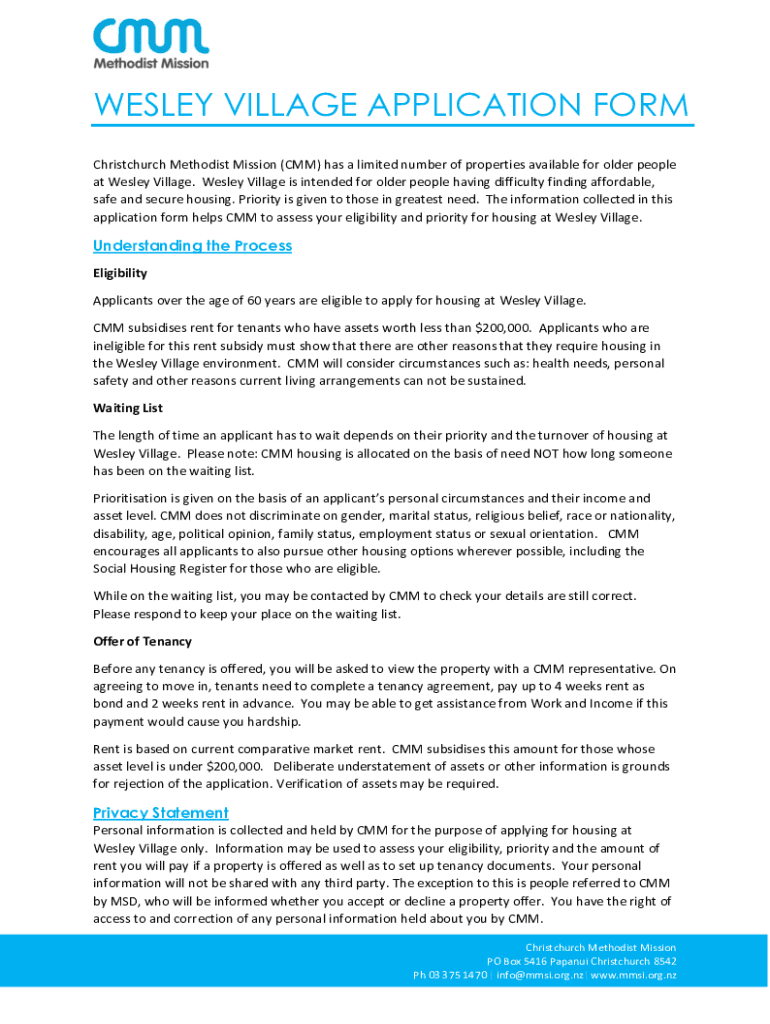 Fillable Online WESLEY VILLAGE APPLICATION FORM Fax Email Print pdfFiller