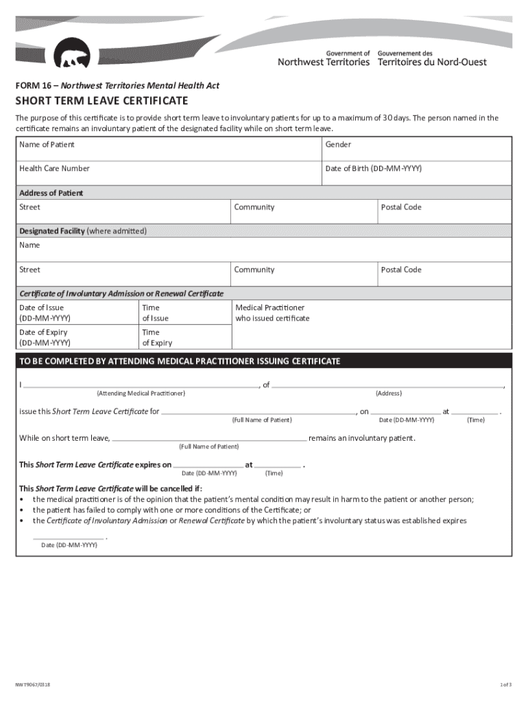 Fillable Online SHORT TERM LEAVE CERTIFICATE Fax Email Print pdfFiller