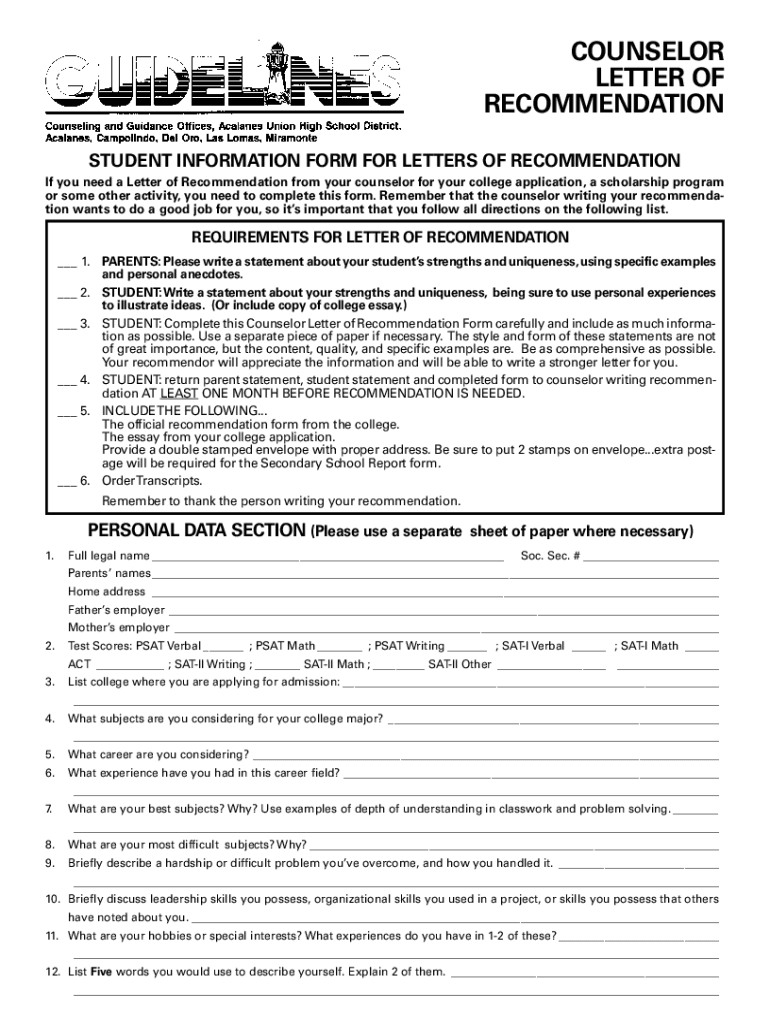 Fillable Online Counselor s Letter Of Recommendation Letter Of fillable-online-counselor-s-letter-of-recommendation-letter-of