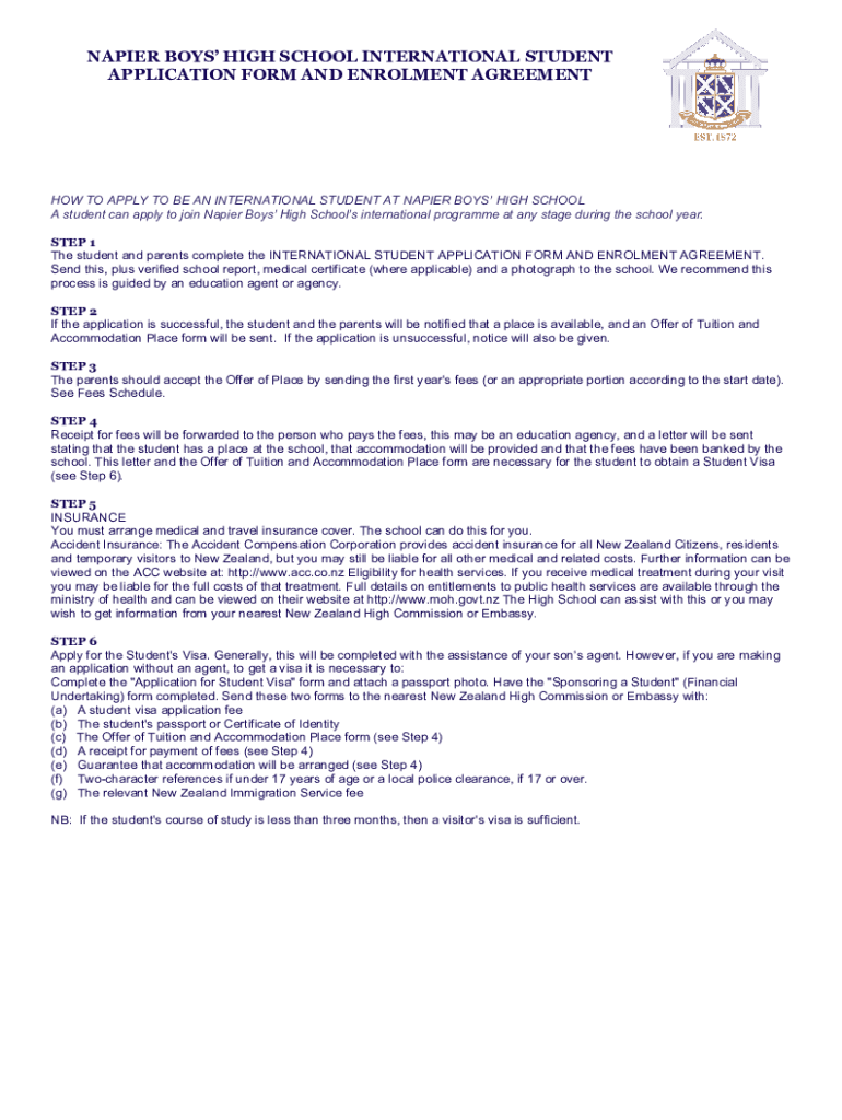 Fillable Online Internation Student Form Napier Boys' High School Fax