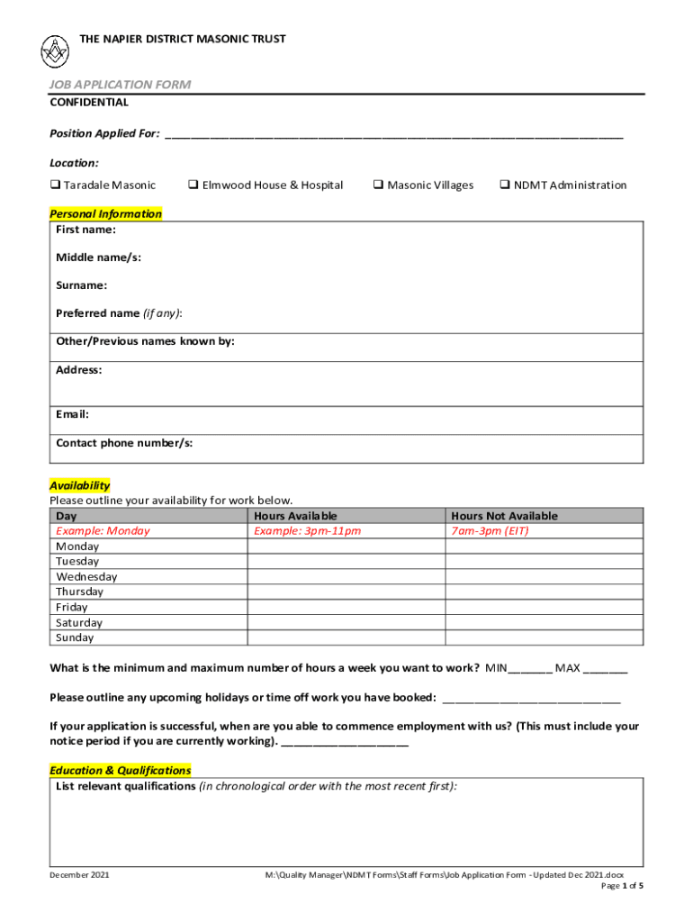 Fillable Online the napier district masonic trust job application