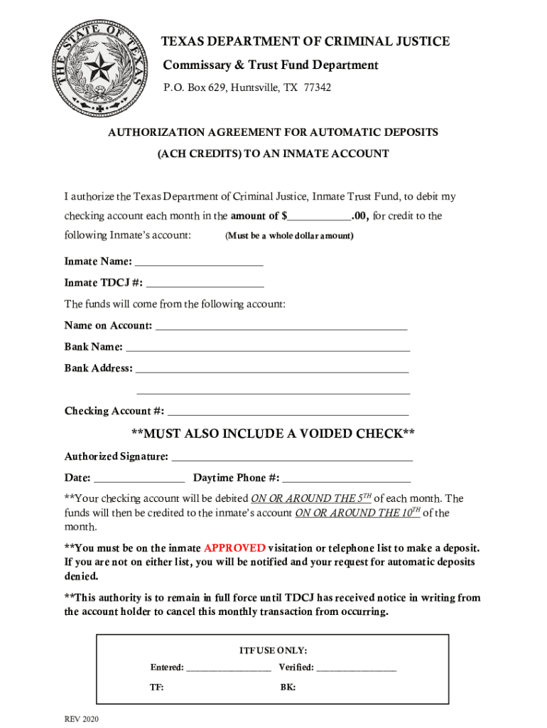 Commissary and Trust Fund Department ACH Agreement Preview on Page 1