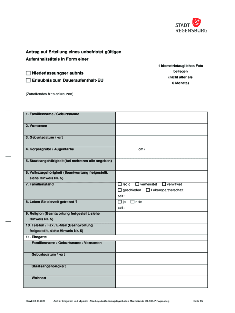 Antrag Auf Erteilung Verlängerung Eines Aufenthaltstitels Fillable Online Antrag auf Erteilung eines unbefristet gltigen