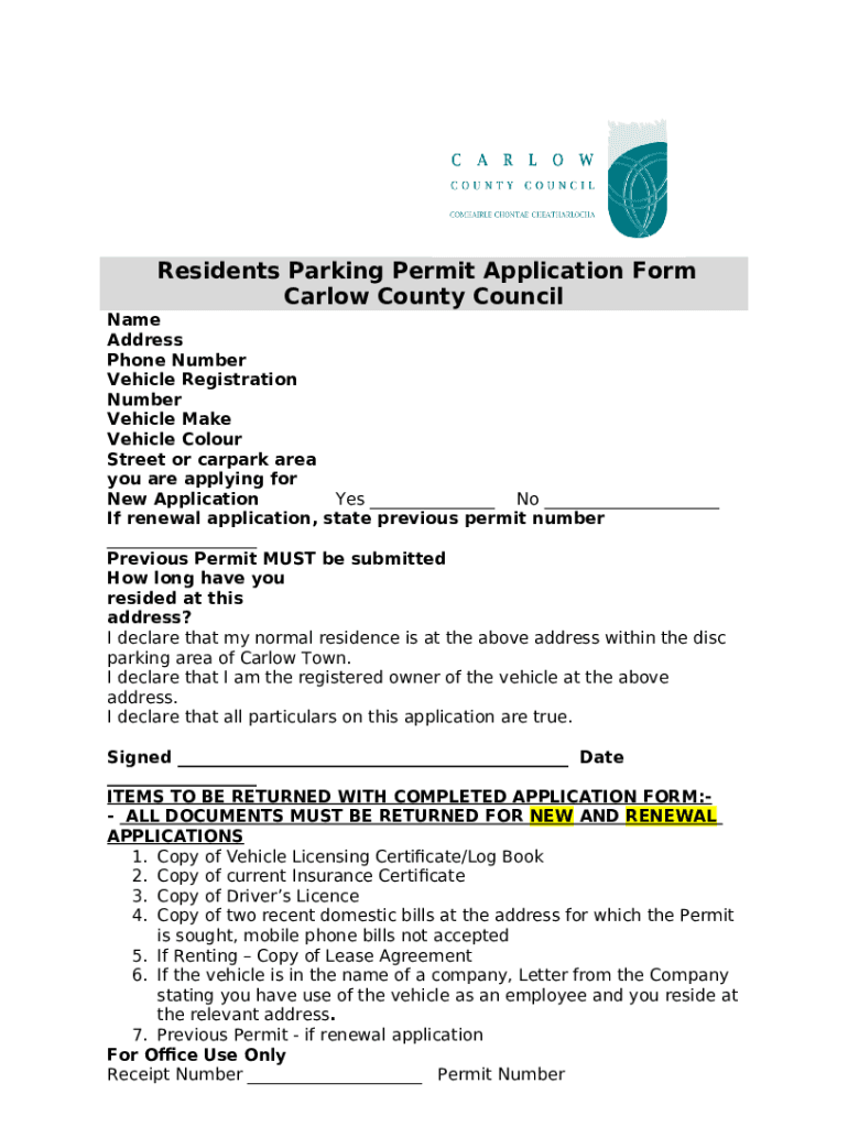 Maynooth Residential Parking Permit Application Doc Template pdfFiller