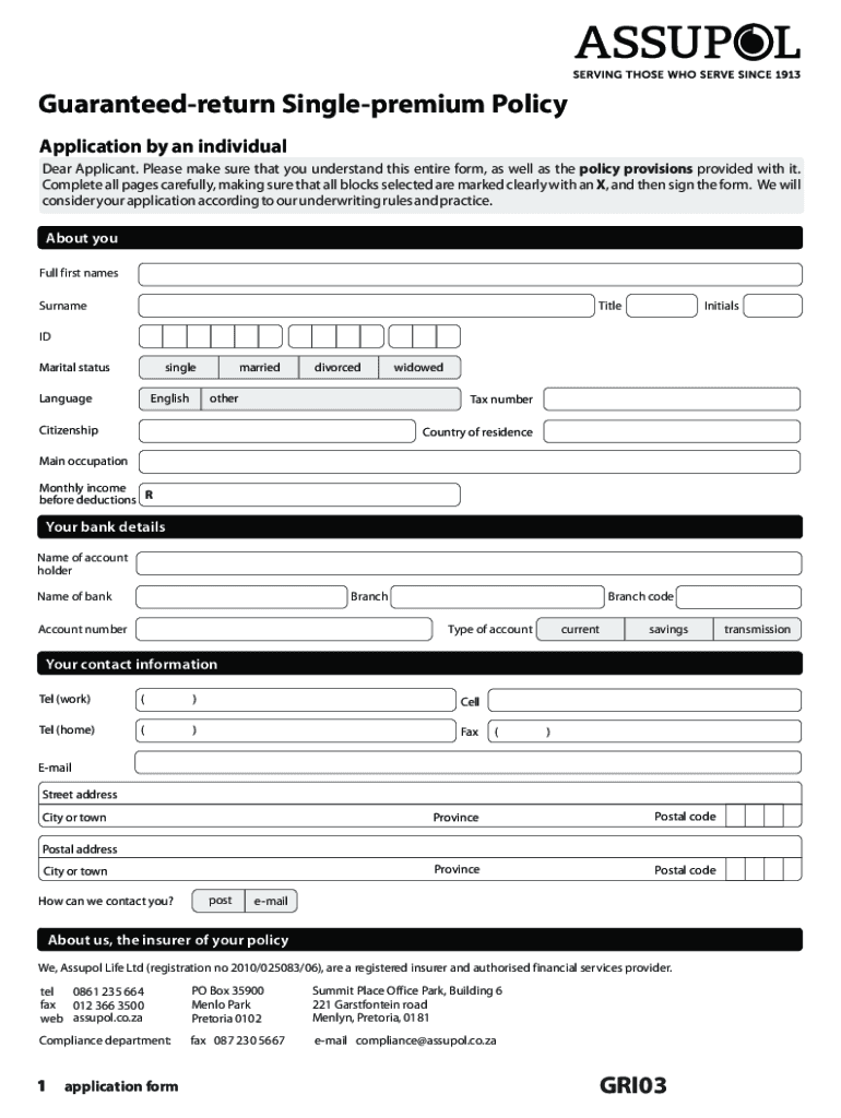 Fillable Online Assupol Guaranteed return Single premium Policy fillable-online-assupol-guaranteed-return-single-premium-policy