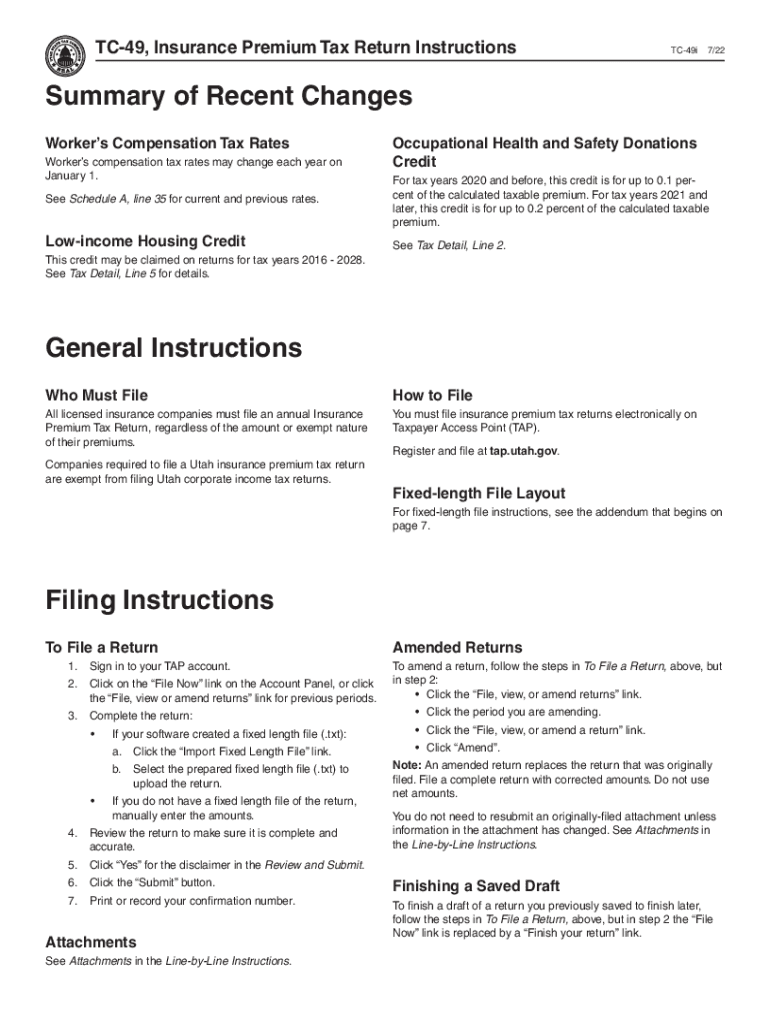 TC-49, Insurance Premium Tax Return Instructions. Forms & Publications Preview on Page 1