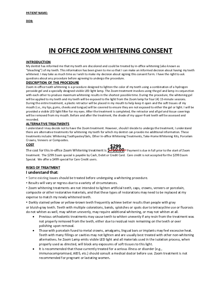 Fillable Online Philips Zoom Professional Teeth Whitening InOffice or