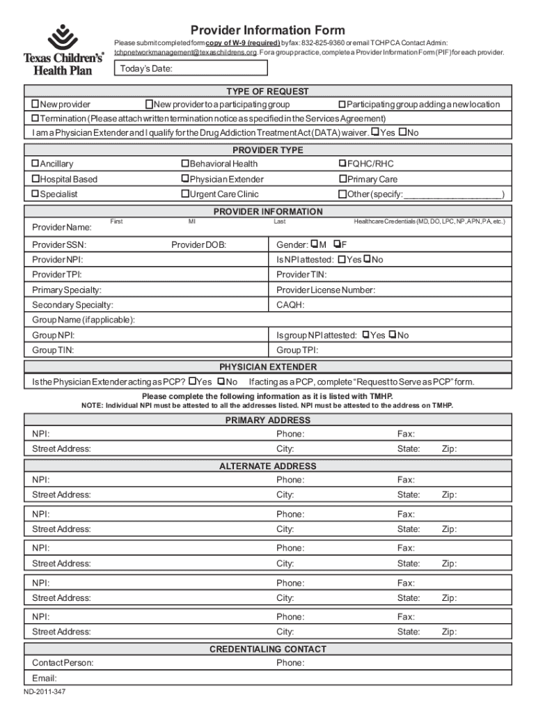 Fillable Online Provider Information Form.pdf Texas Children's Health