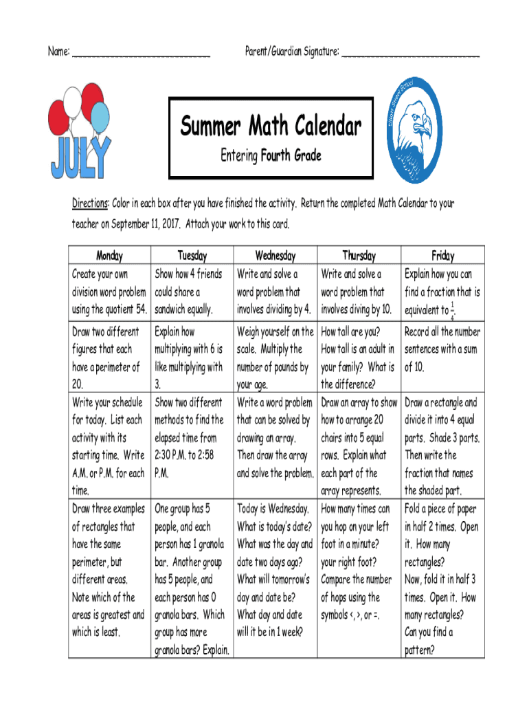Fillable Online Summer Math Calendars - Valley View Intermediate School ...