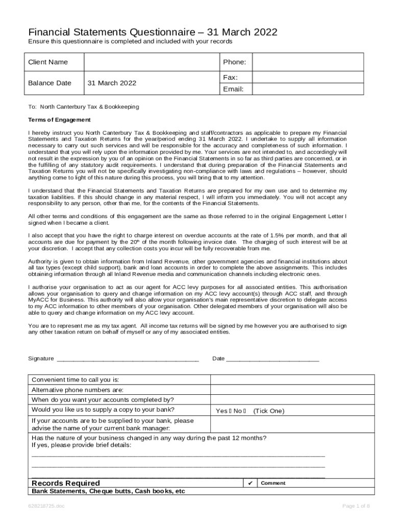 Client Questionnaire Business They do GST North Canterbury Tax