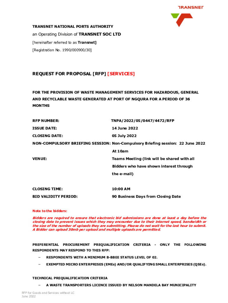 Fillable Online REQUEST FOR PROPOSAL RFP - Transnet Port Terminals Fax ...