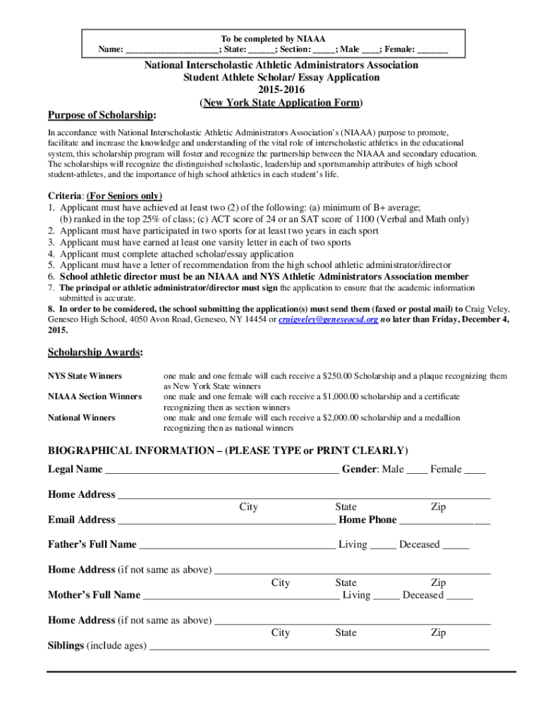 Fillable Online Male ; Female: National Interscholastic Athletic ...