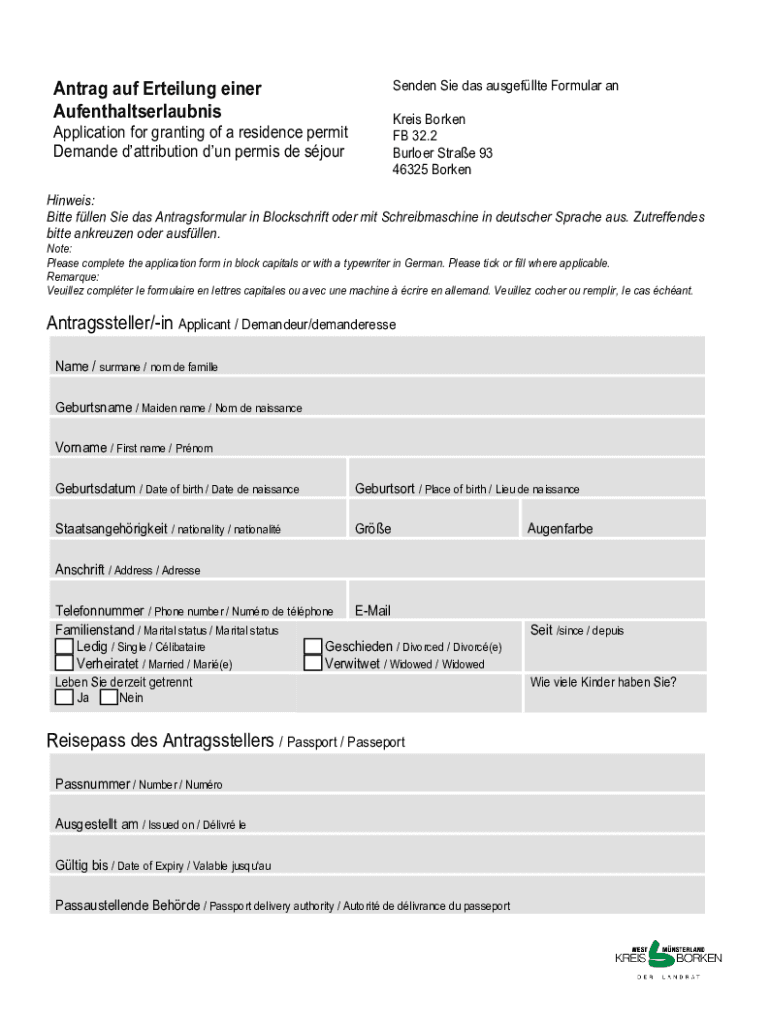 Antrag Auf Erteilung/verlängerung Der Aufenthaltserlaubnis Fillable Online Kreis Borken - Antrag auf Erteilung einer